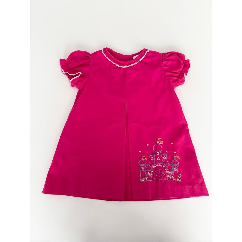 The Proper Peony 24M Princess Castle Embroidered Hot Pink Puff Sleeve Dress